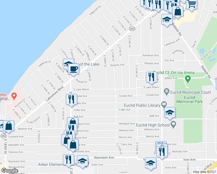 map of restaurants, bars, coffee shops, grocery stores, and more near 20851 South Lake Shore in Euclid