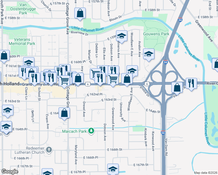 map of restaurants, bars, coffee shops, grocery stores, and more near 1056 East 162nd Street in South Holland