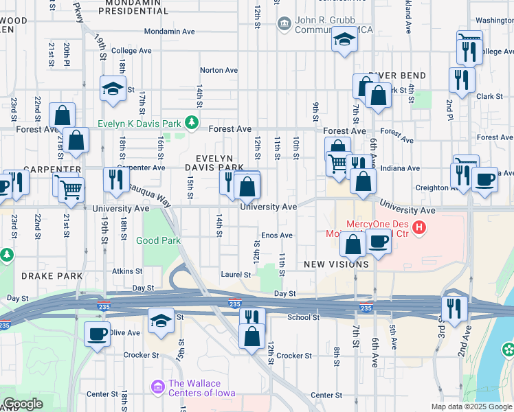 map of restaurants, bars, coffee shops, grocery stores, and more near 1205 University Avenue in Des Moines