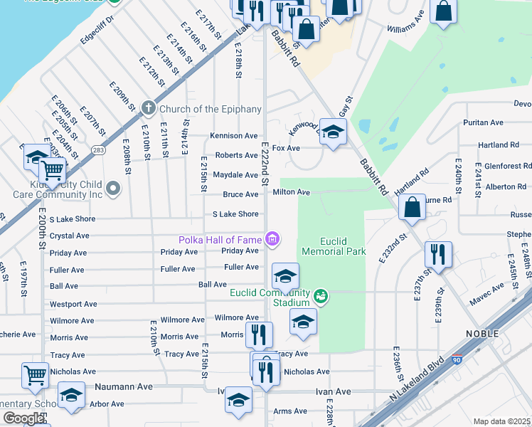 map of restaurants, bars, coffee shops, grocery stores, and more near East 222nd Street & South Lake Shore Boulevard in Euclid