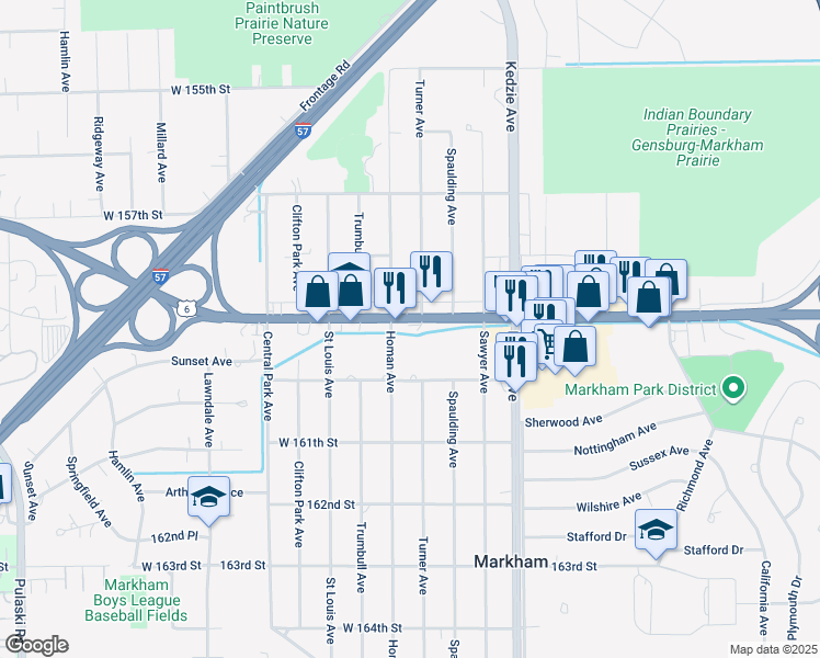 map of restaurants, bars, coffee shops, grocery stores, and more near 3344 West 159th Street in Markham