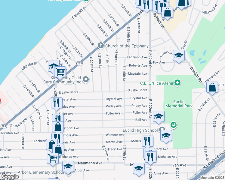 map of restaurants, bars, coffee shops, grocery stores, and more near 375 East 211th Street in Euclid
