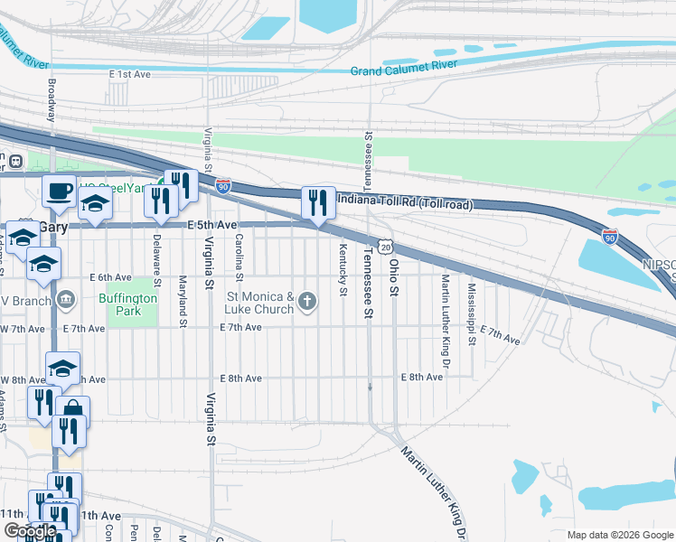 map of restaurants, bars, coffee shops, grocery stores, and more near 548 Kentucky Street in Gary