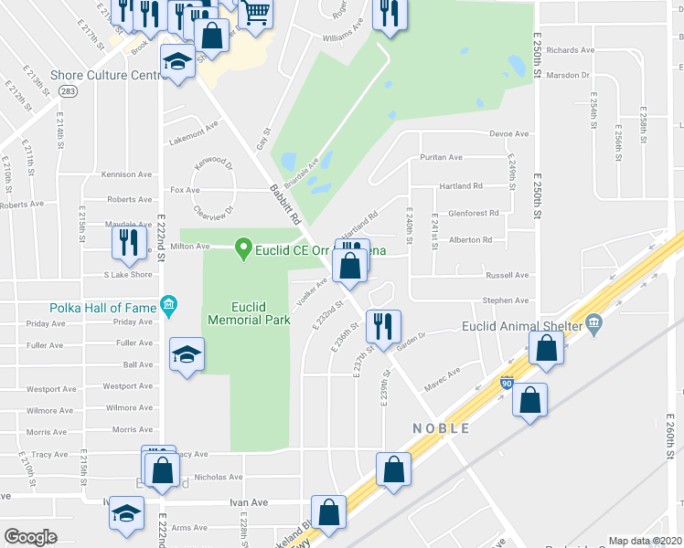 map of restaurants, bars, coffee shops, grocery stores, and more near 671 Babbitt Road in Euclid