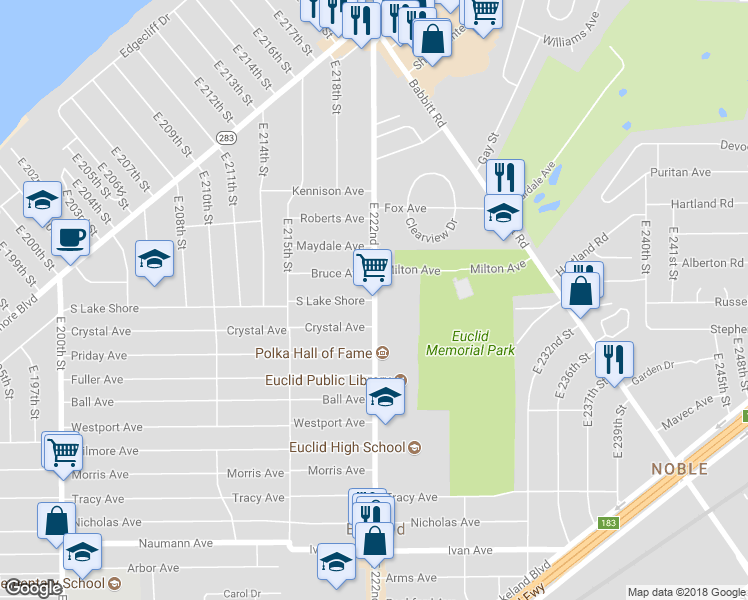 map of restaurants, bars, coffee shops, grocery stores, and more near 26151 South Lake Shore Boulevard in Euclid