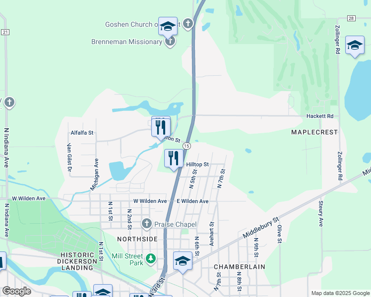 map of restaurants, bars, coffee shops, grocery stores, and more near 1110 North Main Street in Goshen