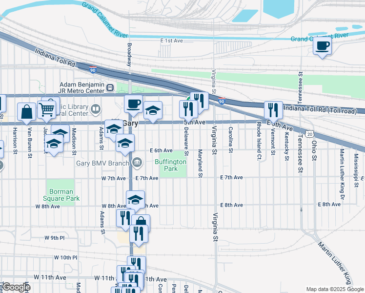 map of restaurants, bars, coffee shops, grocery stores, and more near 543 Pennsylvania Street in Gary