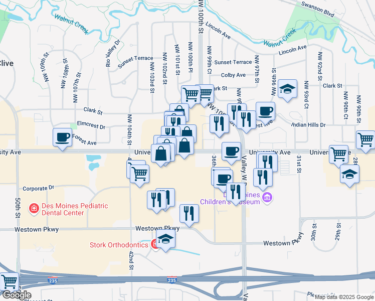 map of restaurants, bars, coffee shops, grocery stores, and more near 10201 University Avenue in Clive