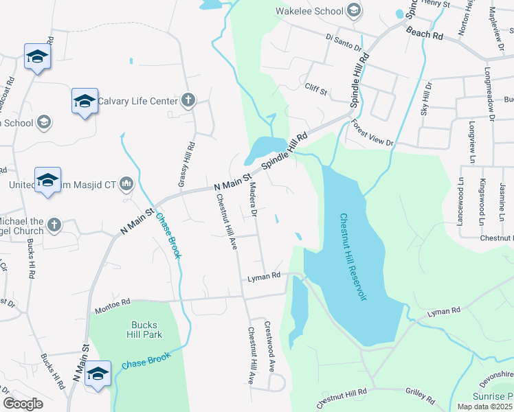map of restaurants, bars, coffee shops, grocery stores, and more near 136 Madera Drive in Waterbury