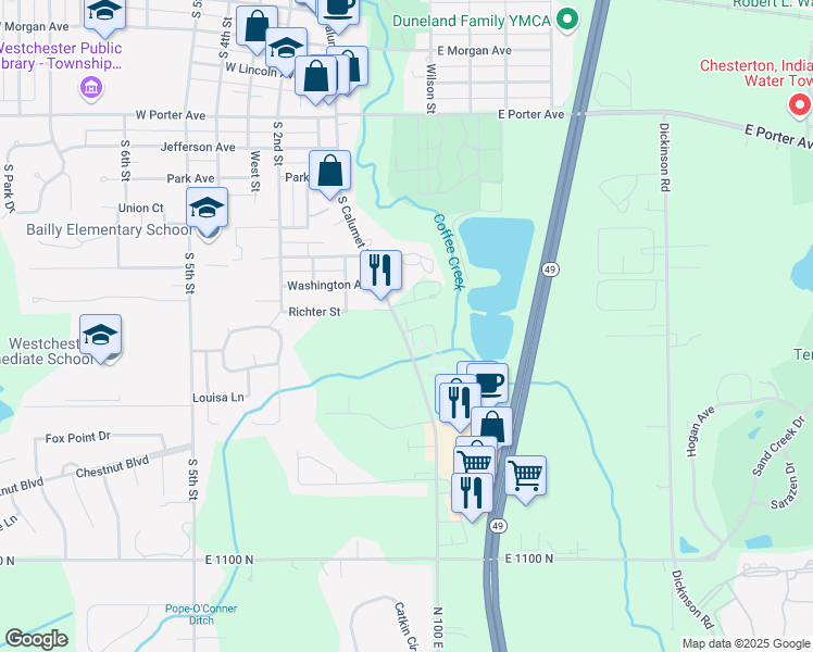 map of restaurants, bars, coffee shops, grocery stores, and more near 1000 South Calumet Road in Chesterton