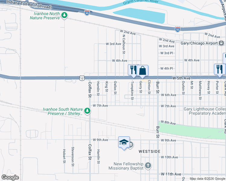 map of restaurants, bars, coffee shops, grocery stores, and more near 533 Dallas Street in Gary