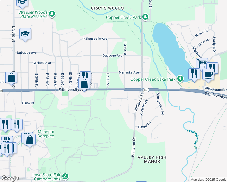 map of restaurants, bars, coffee shops, grocery stores, and more near 4012 East University Avenue in Des Moines