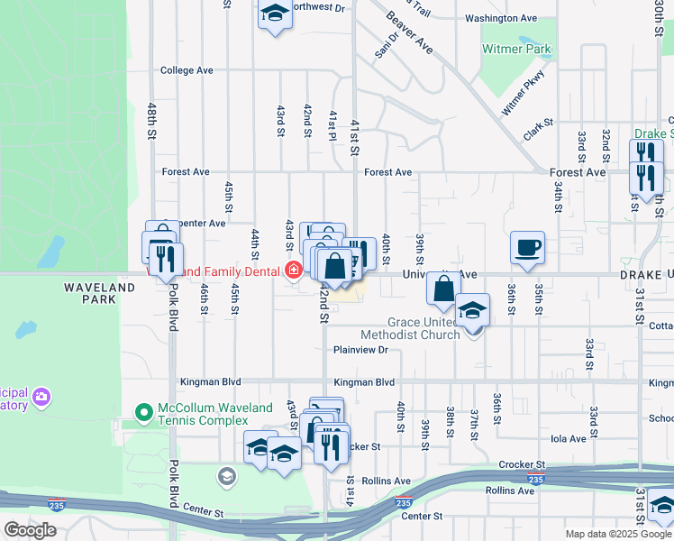 map of restaurants, bars, coffee shops, grocery stores, and more near 1223 42nd Street in Des Moines