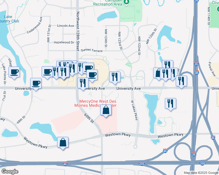 map of restaurants, bars, coffee shops, grocery stores, and more near 12499 University Avenue in Clive