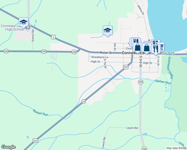 map of restaurants, bars, coffee shops, grocery stores, and more near 726 Shady Drive in Conneaut Lake