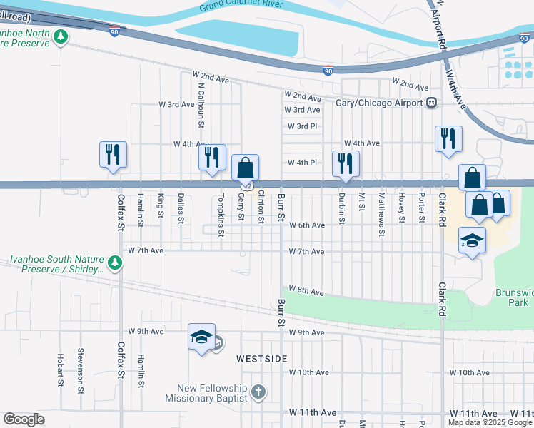map of restaurants, bars, coffee shops, grocery stores, and more near 538 Clinton Street in Gary