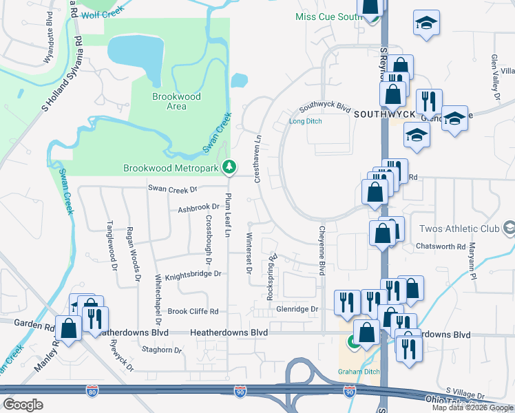map of restaurants, bars, coffee shops, grocery stores, and more near 5533 Cresthaven Lane in Toledo
