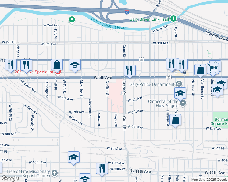 map of restaurants, bars, coffee shops, grocery stores, and more near 524 Hayes Street in Gary