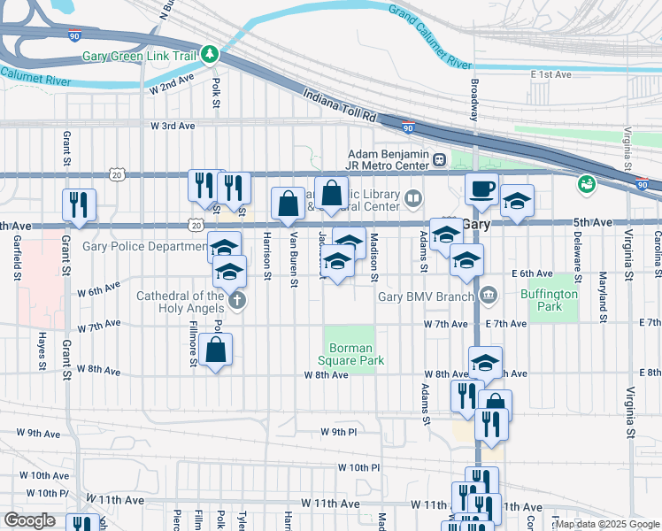 map of restaurants, bars, coffee shops, grocery stores, and more near 540 Monroe Street in Gary