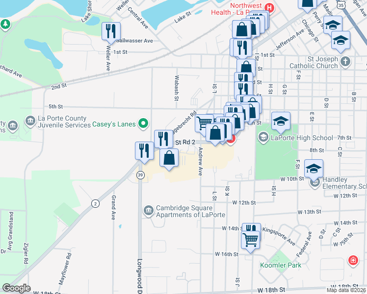 map of restaurants, bars, coffee shops, grocery stores, and more near 1434-1530 West State Road 2 in La Porte