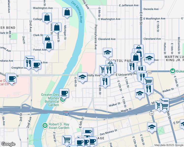 map of restaurants, bars, coffee shops, grocery stores, and more near 1212 Pennsylvania Avenue in Des Moines