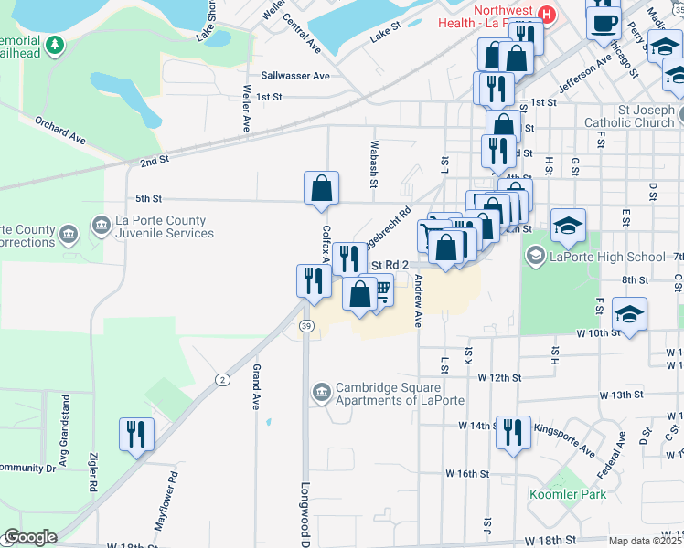 map of restaurants, bars, coffee shops, grocery stores, and more near 1434 West State Road 2 in La Porte