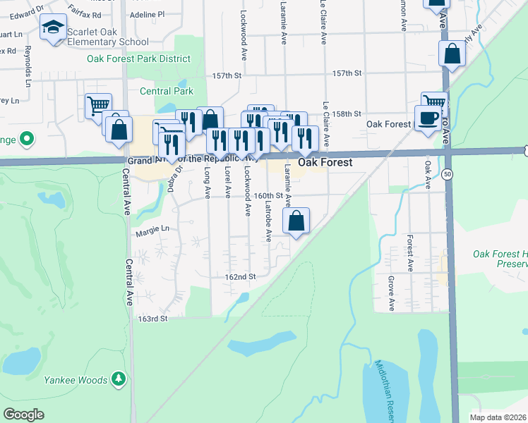map of restaurants, bars, coffee shops, grocery stores, and more near 16016 Latrobe Avenue in Oak Forest