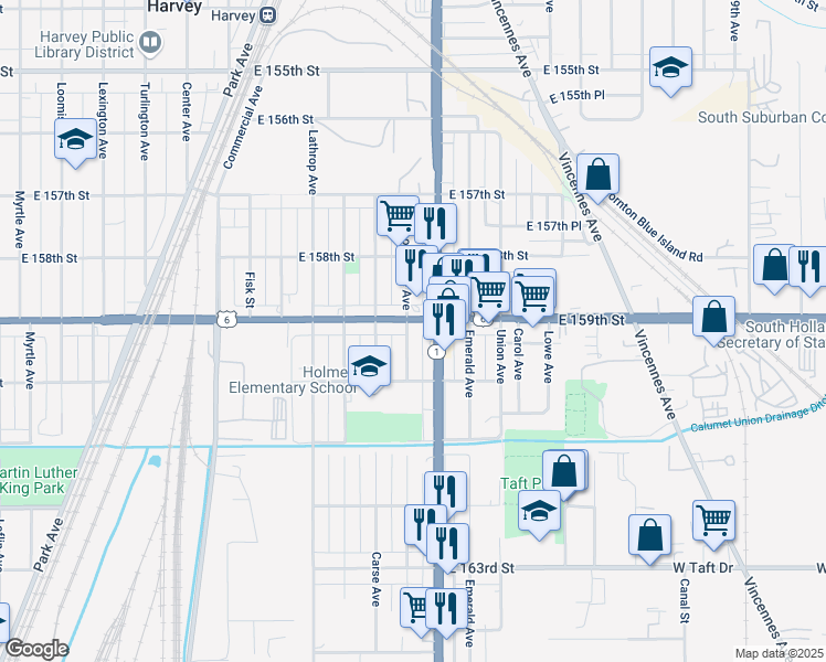 map of restaurants, bars, coffee shops, grocery stores, and more near 327 East 159th Street in Harvey