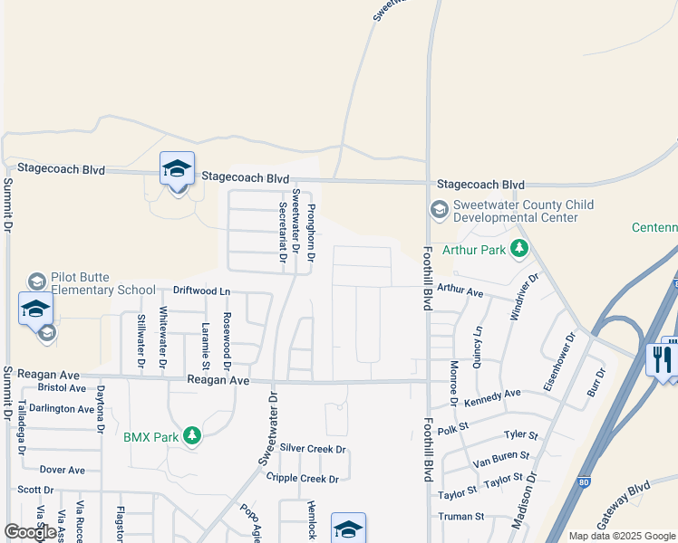 map of restaurants, bars, coffee shops, grocery stores, and more near Pronghorn Drive in Rock Springs