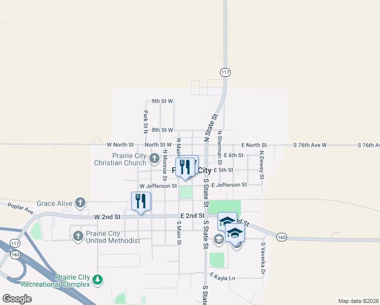 map of restaurants, bars, coffee shops, grocery stores, and more near 307 North Marshall Street in Prairie City