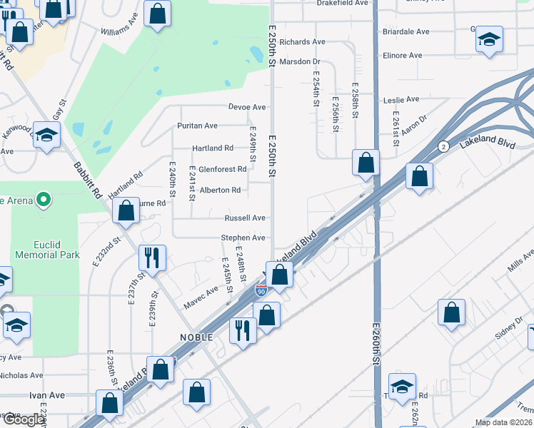 map of restaurants, bars, coffee shops, grocery stores, and more near 846 East 250th Street in Euclid