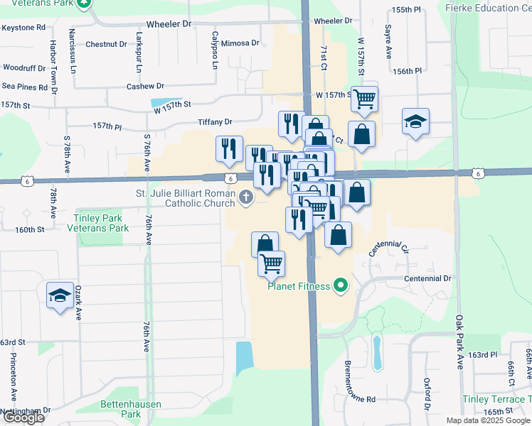 map of restaurants, bars, coffee shops, grocery stores, and more near 16000 Harlem Avenue in Tinley Park