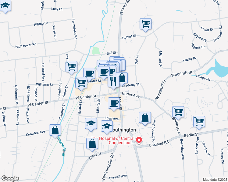 map of restaurants, bars, coffee shops, grocery stores, and more near 52 Main Street in Southington