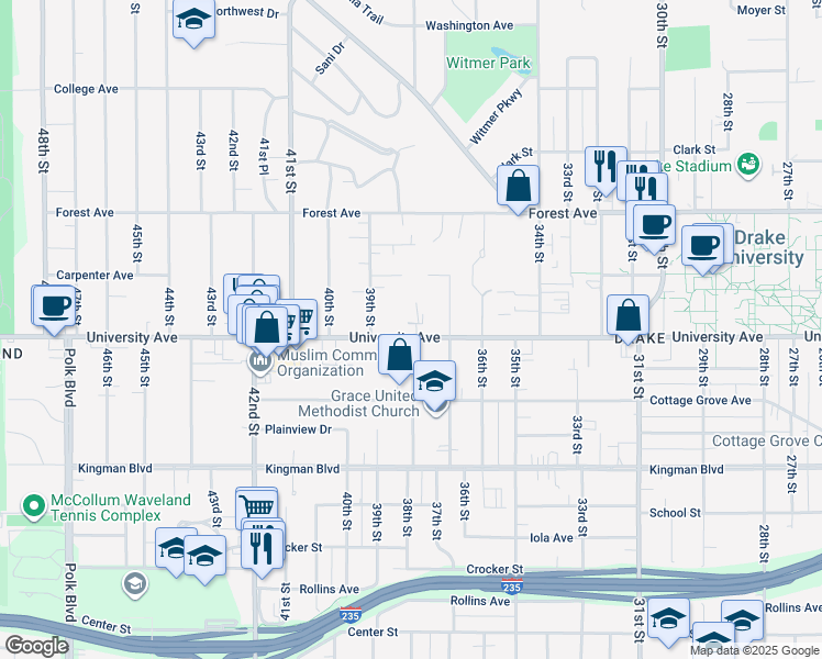 map of restaurants, bars, coffee shops, grocery stores, and more near 3807 University Avenue in Des Moines