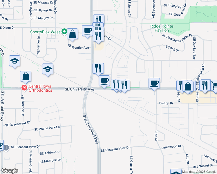 map of restaurants, bars, coffee shops, grocery stores, and more near 1185 Southeast University Avenue in Waukee