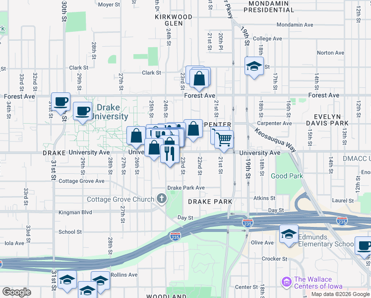 map of restaurants, bars, coffee shops, grocery stores, and more near 2225 University Avenue in Des Moines
