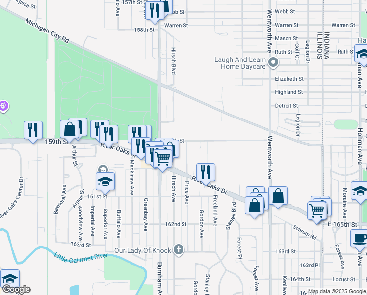 map of restaurants, bars, coffee shops, grocery stores, and more near 313 159th Street in Calumet City