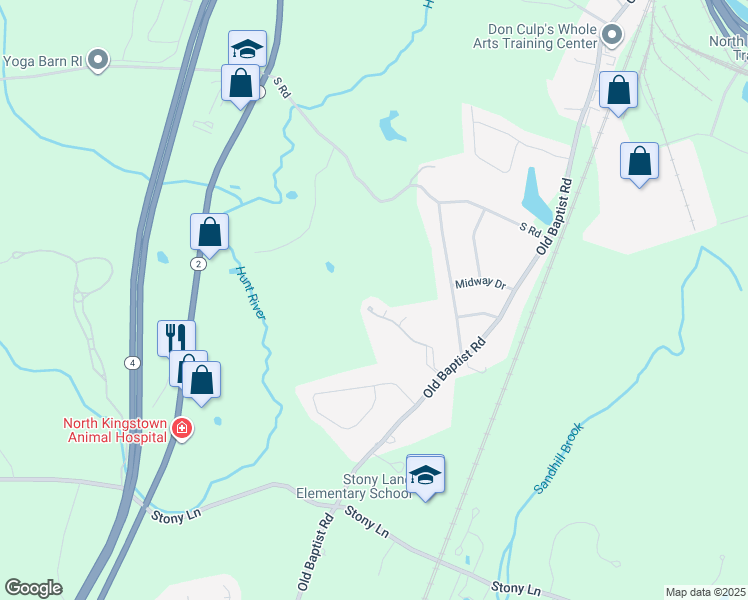 map of restaurants, bars, coffee shops, grocery stores, and more near 8 Caddy Rock Road in North Kingstown