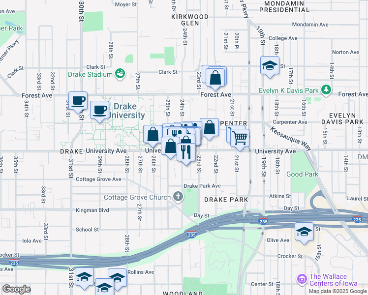 map of restaurants, bars, coffee shops, grocery stores, and more near 2331 University Avenue in Des Moines