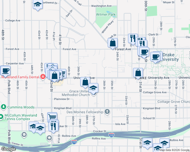 map of restaurants, bars, coffee shops, grocery stores, and more near 1216 37th Street in Des Moines