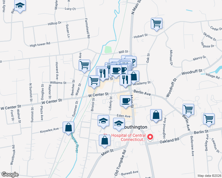 map of restaurants, bars, coffee shops, grocery stores, and more near 31 Liberty Street in Southington