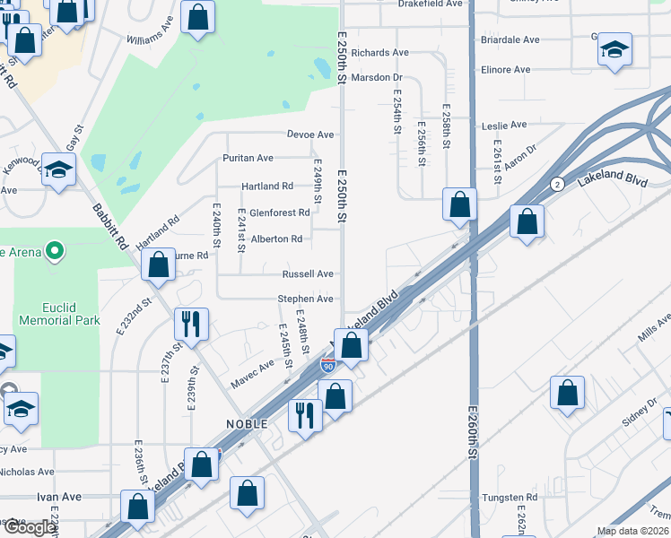 map of restaurants, bars, coffee shops, grocery stores, and more near 846 East 250th Street in Euclid