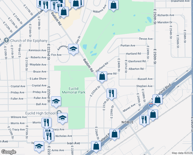 map of restaurants, bars, coffee shops, grocery stores, and more near 651 Babbitt Road in Euclid