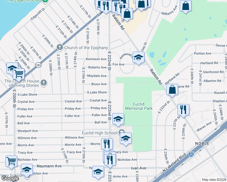 map of restaurants, bars, coffee shops, grocery stores, and more near in Euclid
