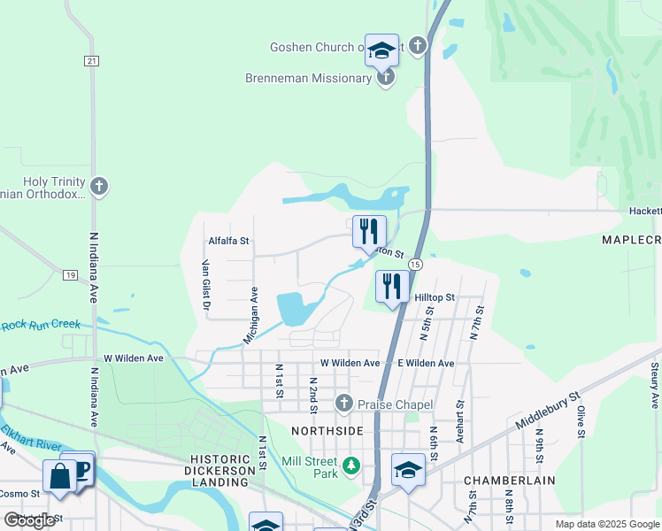 map of restaurants, bars, coffee shops, grocery stores, and more near 336 Stone Drive in Goshen