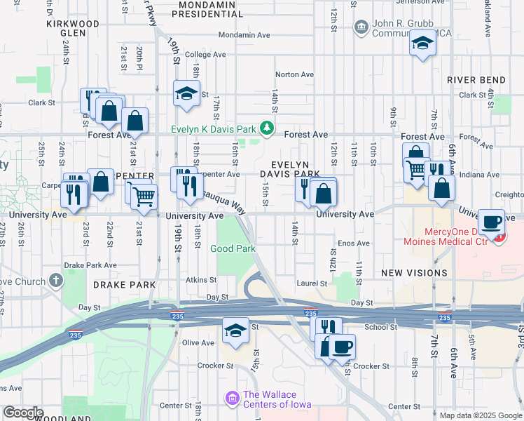 map of restaurants, bars, coffee shops, grocery stores, and more near 1212 15th Street in Des Moines