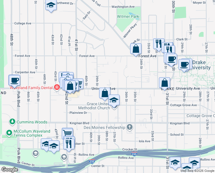 map of restaurants, bars, coffee shops, grocery stores, and more near 3821 University Avenue in Des Moines
