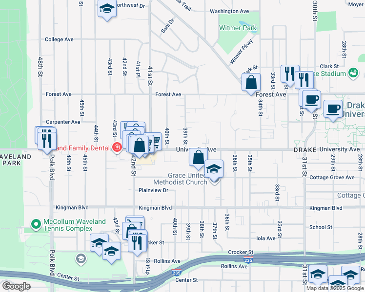 map of restaurants, bars, coffee shops, grocery stores, and more near 1216 39th Street in Des Moines