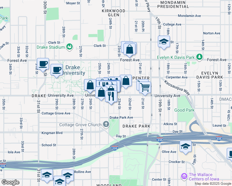 map of restaurants, bars, coffee shops, grocery stores, and more near in Des Moines