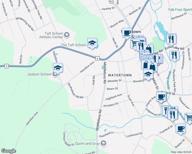 map of restaurants, bars, coffee shops, grocery stores, and more near 22 Vaill Road in Watertown